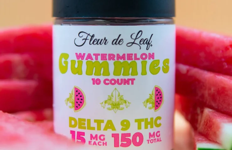 Close-up of Fleur de Leaf's THC Watermelon Gummies, 15mg each with 150mg total.