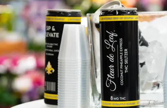 Close-up of two Fleur de Leaf THC beverages sitting on a countertop.